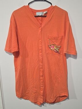 Vintage Westbound Beach Orange Button Down Embroidered Fish Cover Up Womens Med